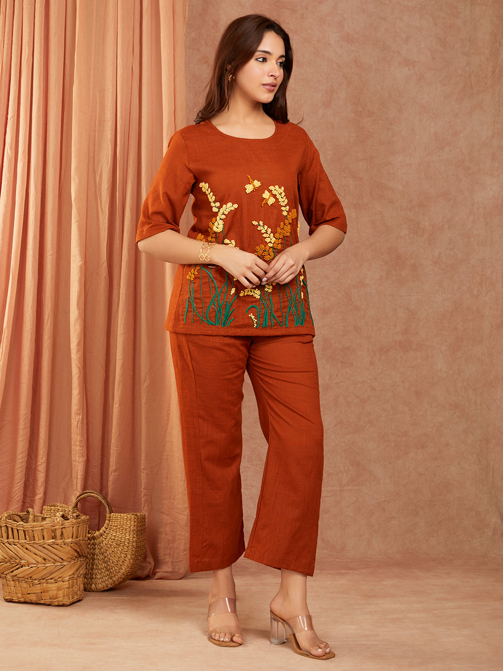 Rust Brown Cotton Slub Hand Embroidery Co-ord Set