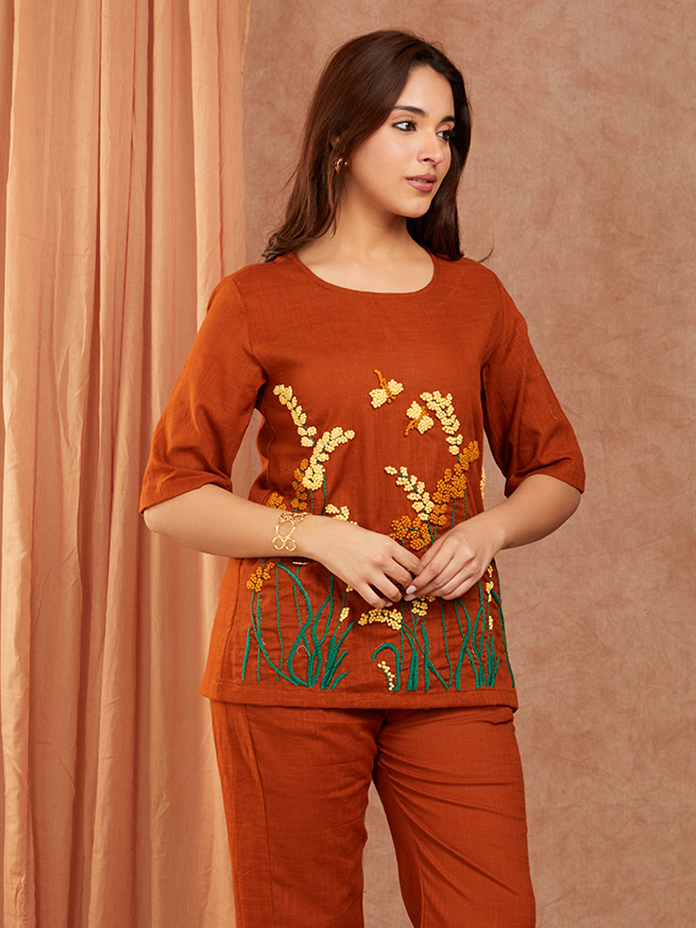 Rust Brown Cotton Slub Hand Embroidery Co-ord Set