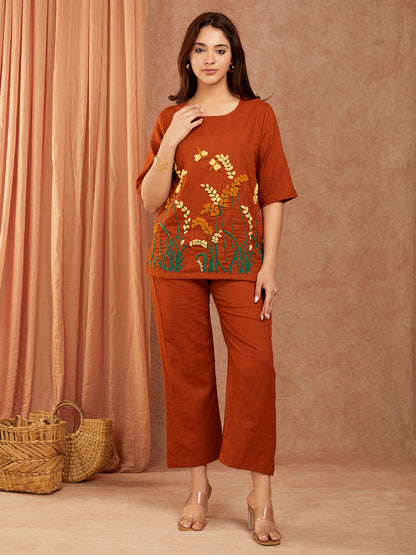 Rust Brown Cotton Slub Hand Embroidery Co-ord Set