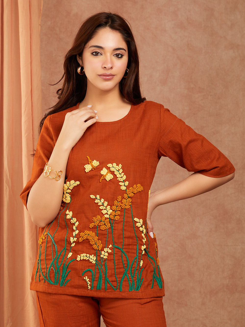 Rust Brown Cotton Slub Hand Embroidery Co-ord Set