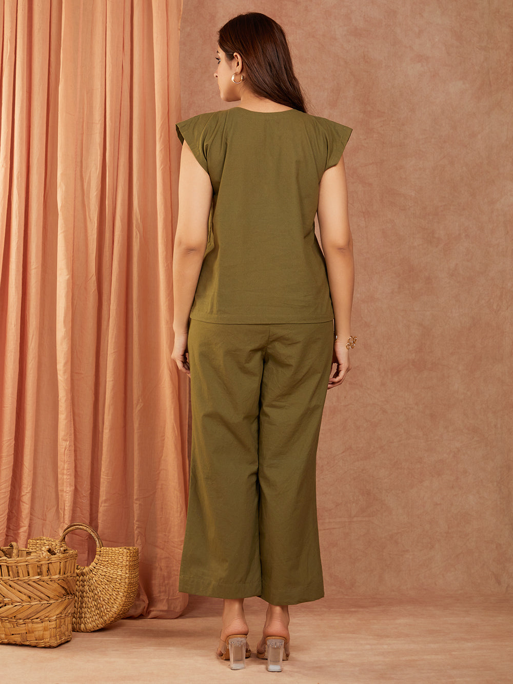 Olive Green Cotton Hand Embroidery Co-ord Set