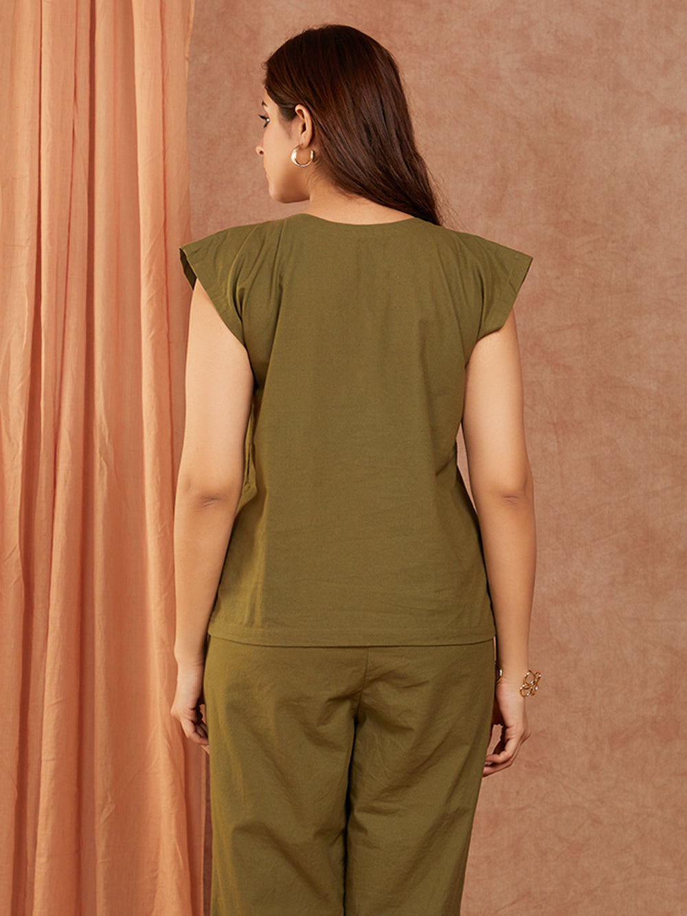 Olive Green Cotton Hand Embroidery Co-ord Set
