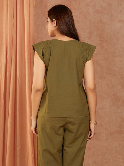 Olive Green Cotton Hand Embroidery Co-ord Set