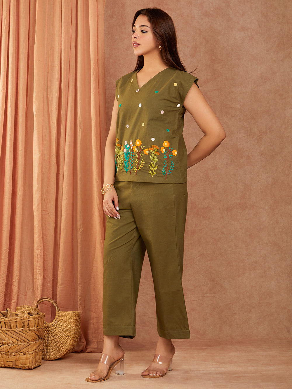 Olive Green Cotton Hand Embroidery Co-ord Set