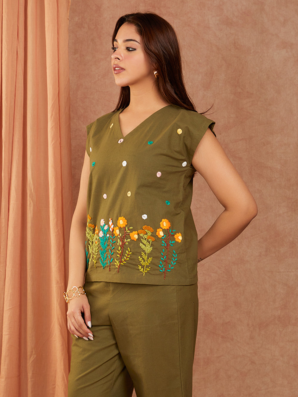 Olive Green Cotton Hand Embroidery Co-ord Set