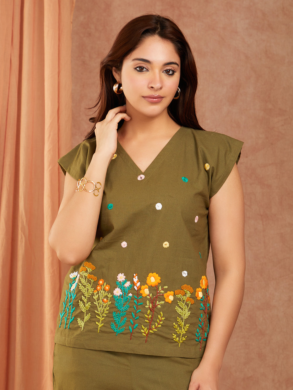 Olive Green Cotton Hand Embroidery Co-ord Set