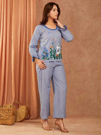 Powder Blue Cotton Slub Hand Embroidery Co-ord Set