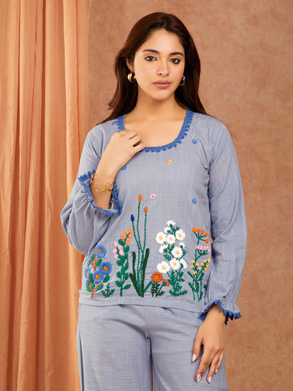 Powder Blue Cotton Slub Hand Embroidery Co-ord Set