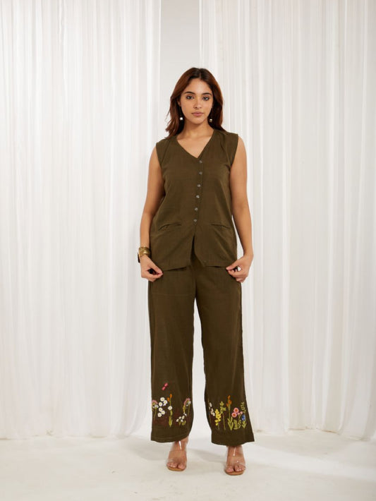 Olive Green Cotton Slub Hand Embroidery Formal Co-ord Set