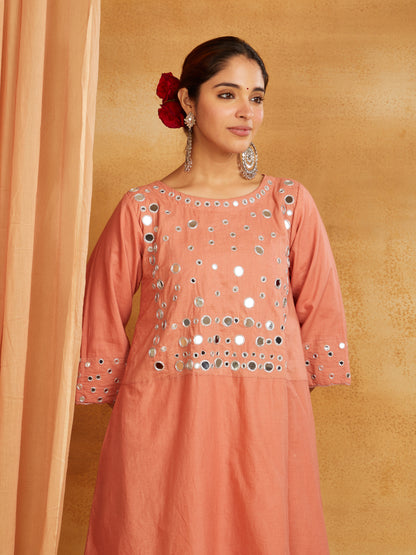 Peach kurta, pant, and dupatta with mirror work
