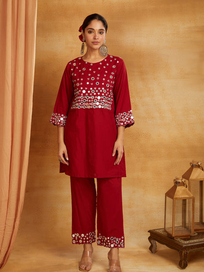 Maroon kurta, pant, and dupatta with mirror work