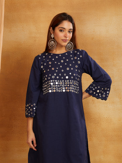 Navy blue kurta, pant, and dupatta with mirror work