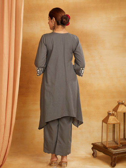 Grey kurta, pant, and dupatta with mirror work