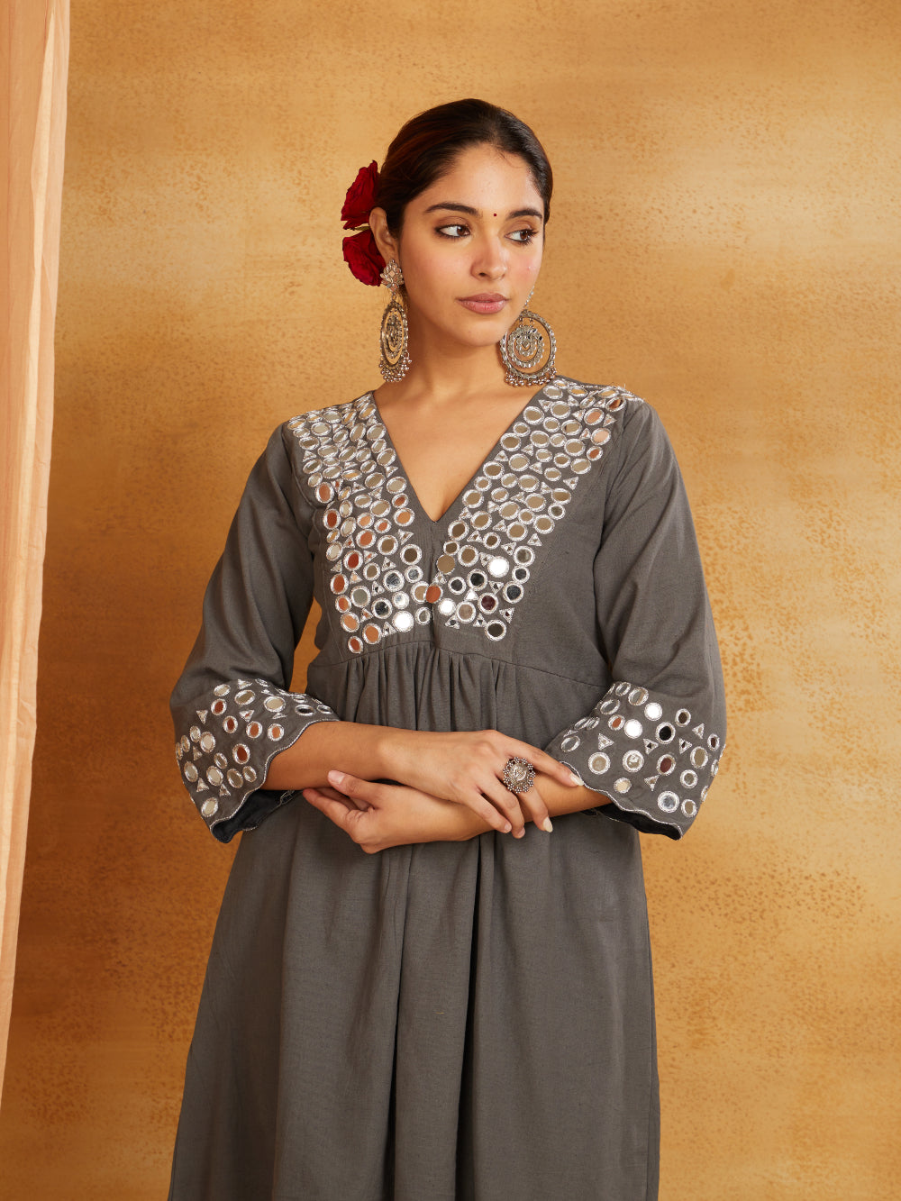 Grey kurta, pant, and dupatta with mirror work