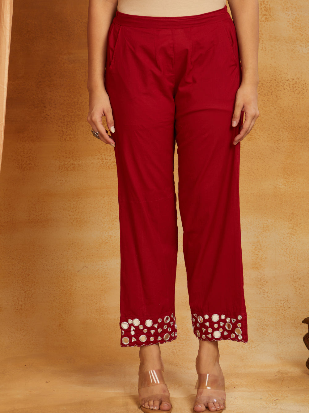 Maroon kurta, pant, and dupatta with mirror work