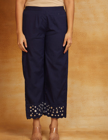 Navy blue kurta, pant, and dupatta with mirror work