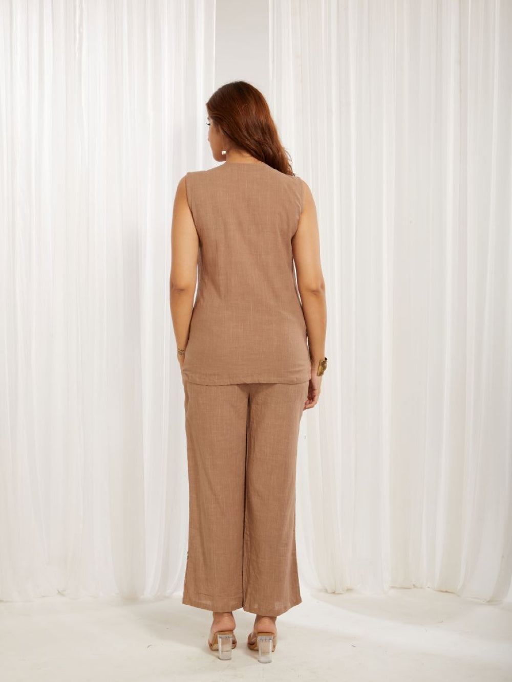 Dark Beige Cotton Slub Hand Embroidery Formal Co-ord Set