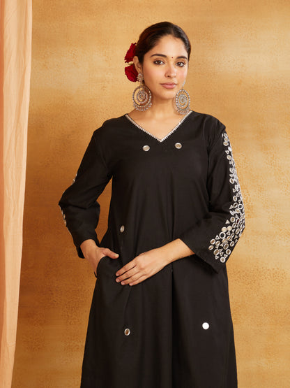 Black kurta, pant, and dupatta with mirror work