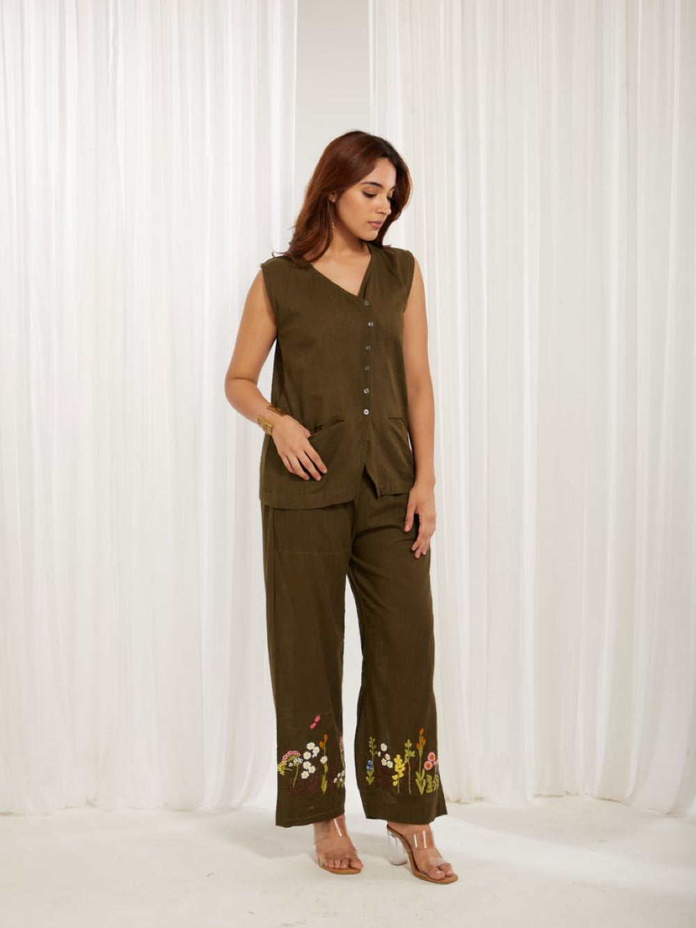 Olive Green Cotton Slub Hand Embroidery Formal Co-ord Set