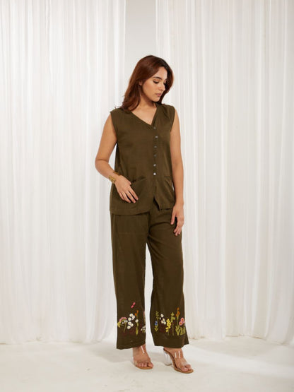 Olive Green Cotton Slub Hand Embroidery Formal Co-ord Set