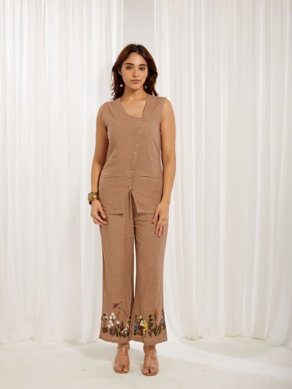 Dark Beige Cotton Slub Hand Embroidery Formal Co-ord Set