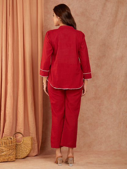 Maroon Cotton Slub Hand Embroidery Co-ord Set