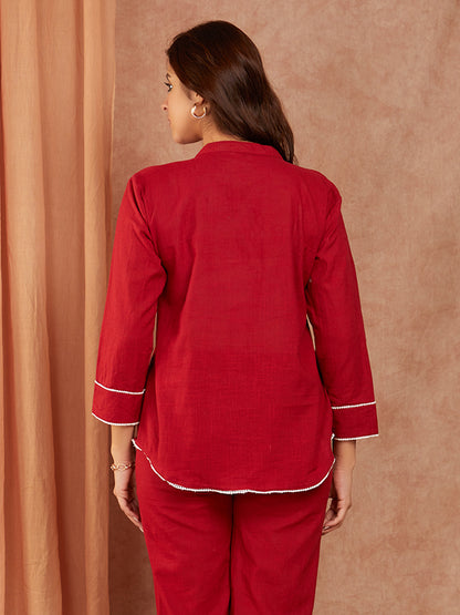 Maroon Cotton Slub Hand Embroidery Co-ord Set
