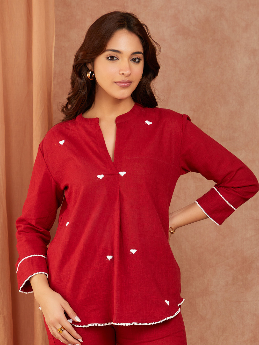 Maroon Cotton Slub Hand Embroidery Co-ord Set