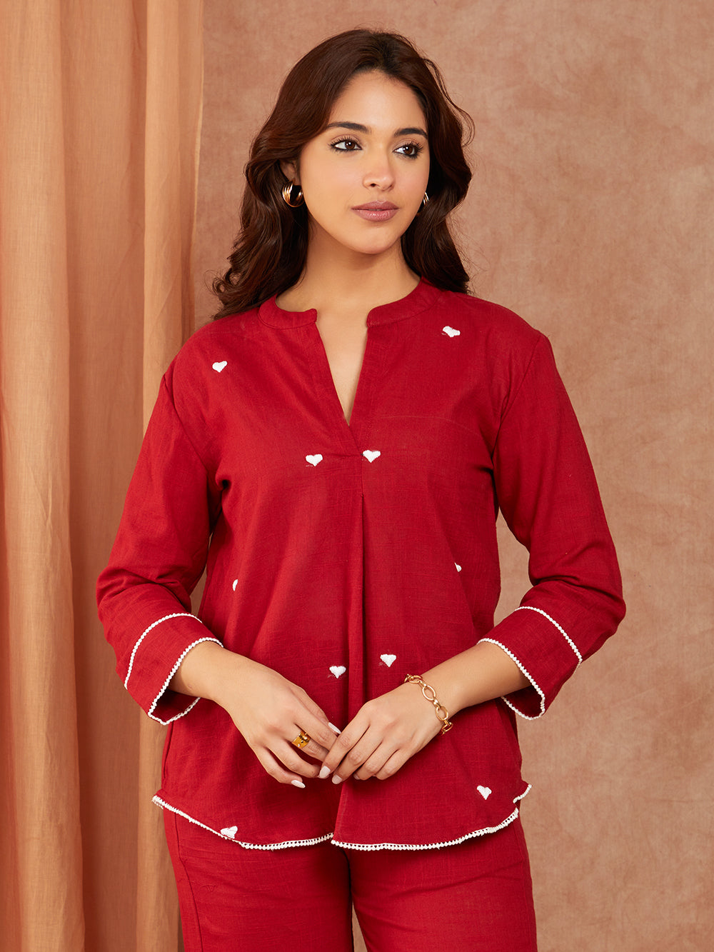 Maroon Cotton Slub Hand Embroidery Co-ord Set