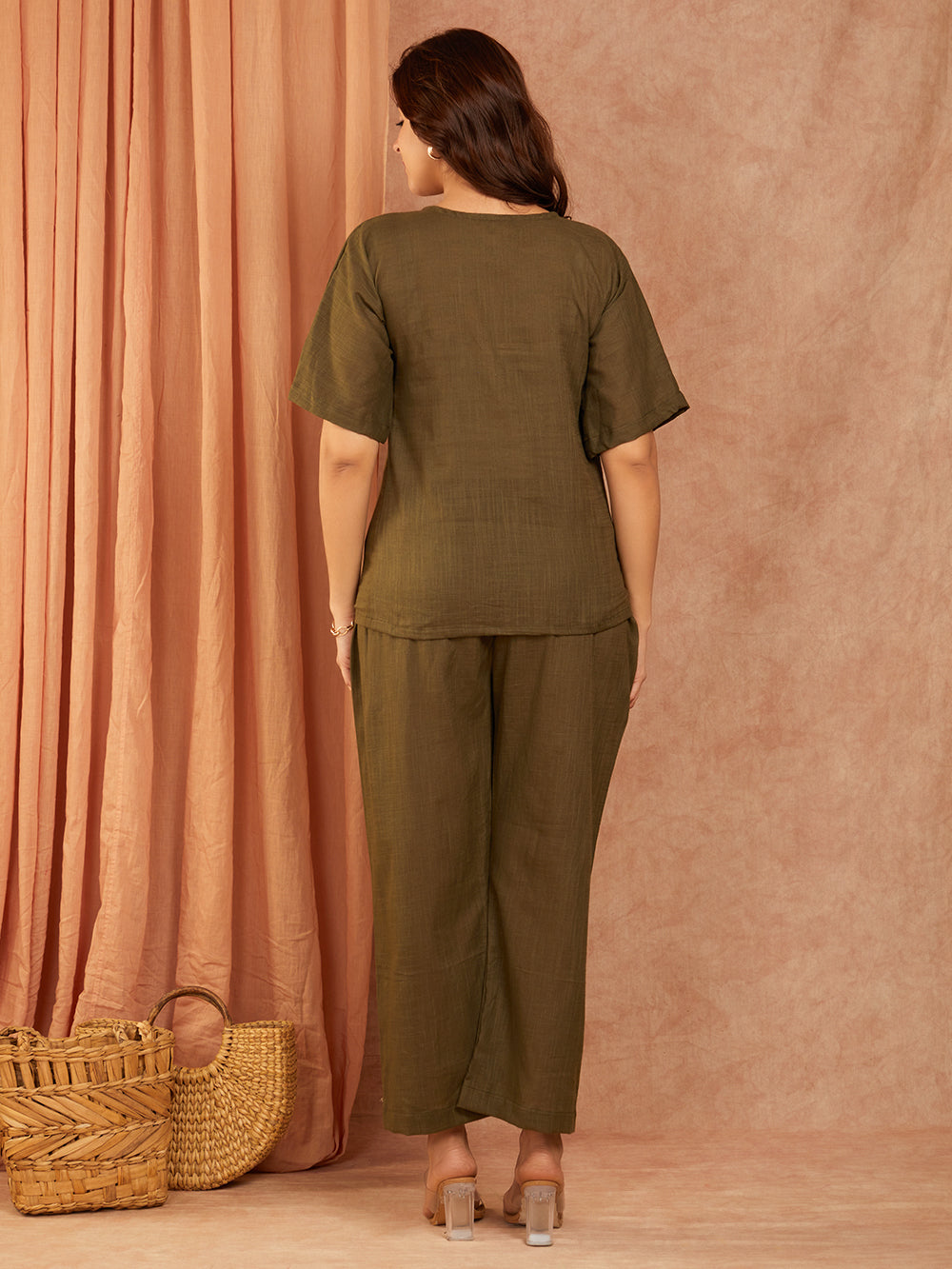 Olive Green Cotton Slub Co-ord Set