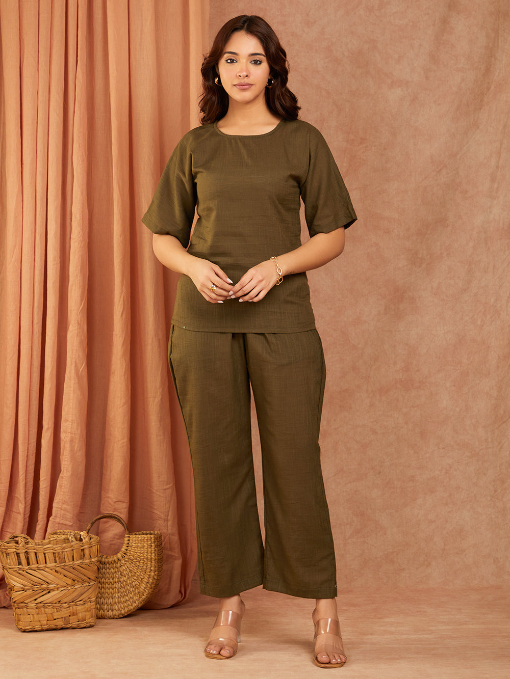 Olive Green Cotton Slub Co-ord Set