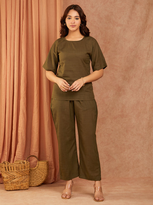 Olive Green Cotton Slub Co-ord Set