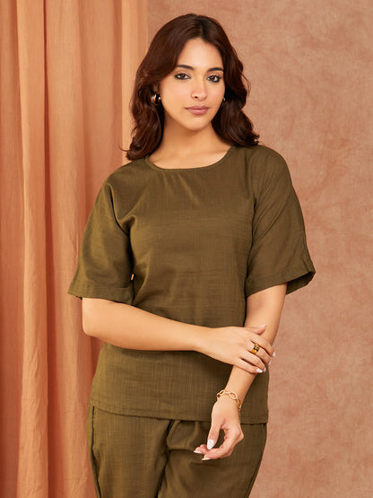 Olive Green Cotton Slub Co-ord Set