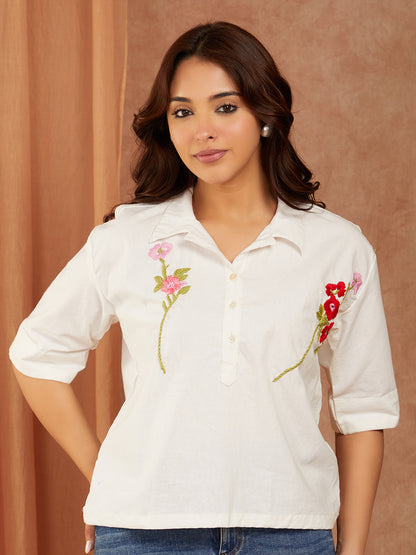 White Hand Embroidery Cotton Top