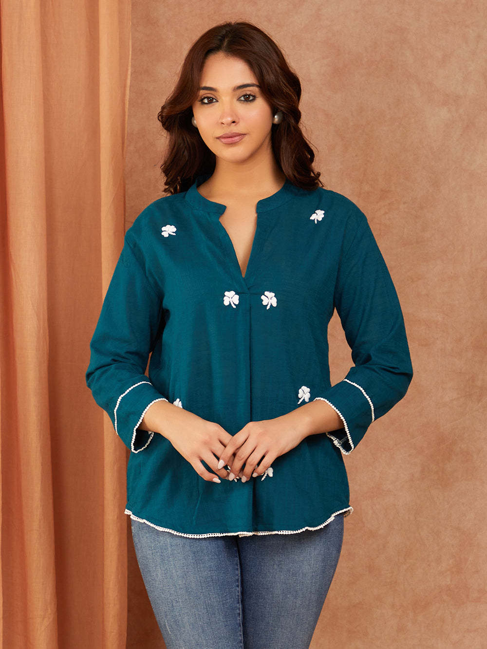 Teal Blue Hand Embroidery Cotton Slub Top