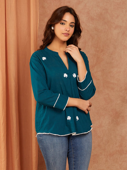 Teal Blue Hand Embroidery Cotton Slub Top