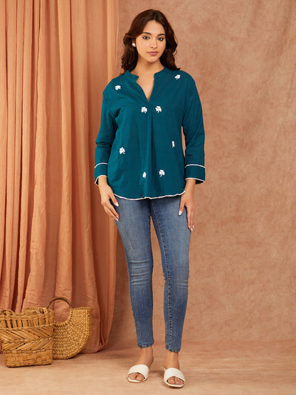 Teal Blue Hand Embroidery Cotton Slub Top