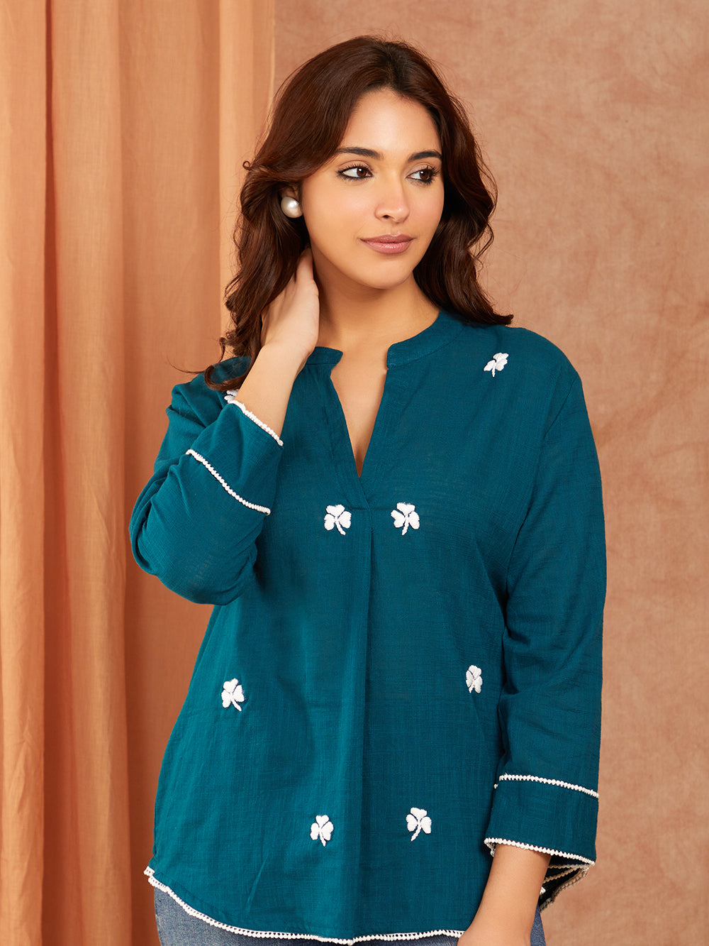 Teal Blue Hand Embroidery Cotton Slub Top