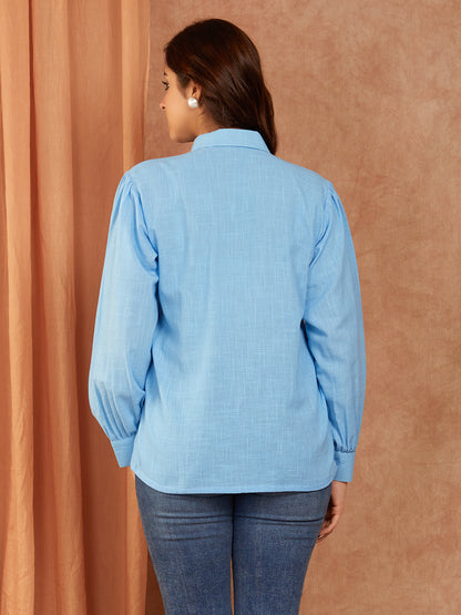 Blue Cotton Slub Hand Embroidery Top