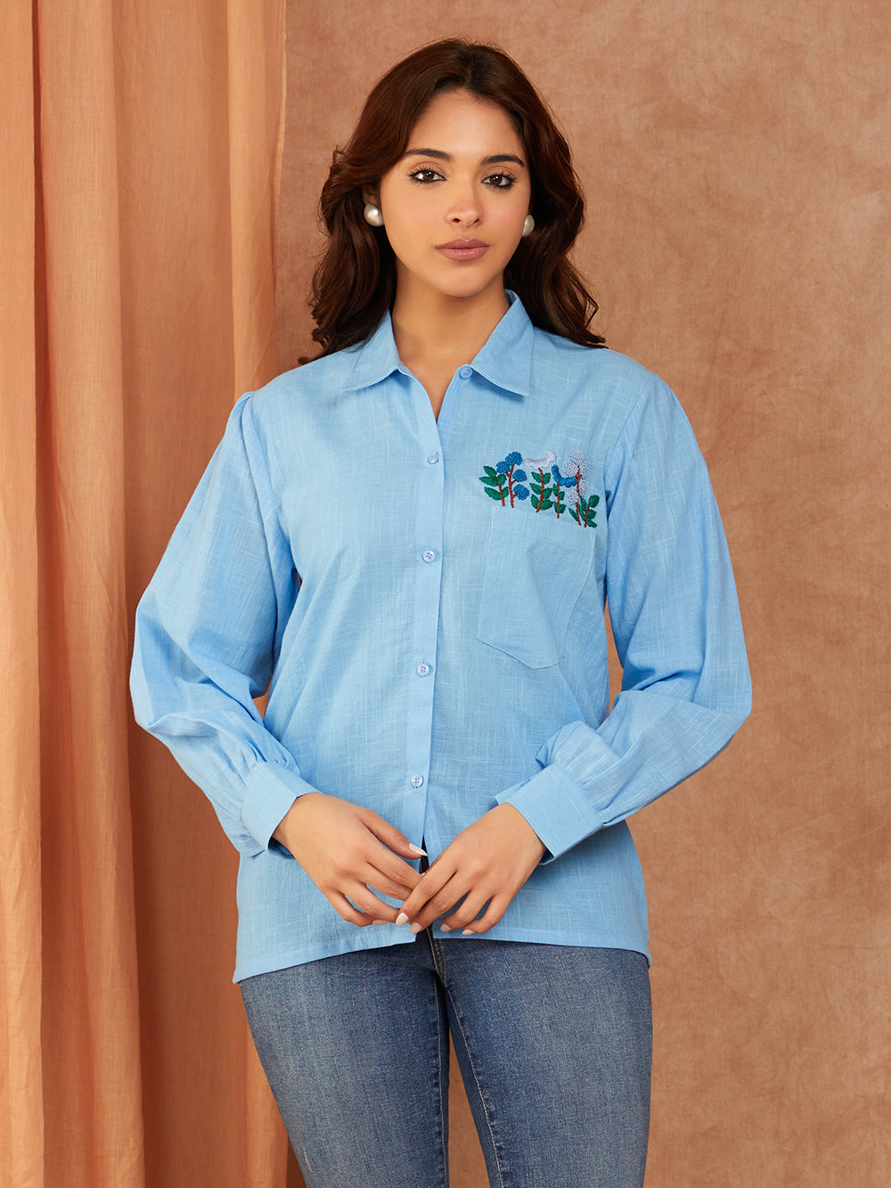 Blue Cotton Slub Hand Embroidery Top