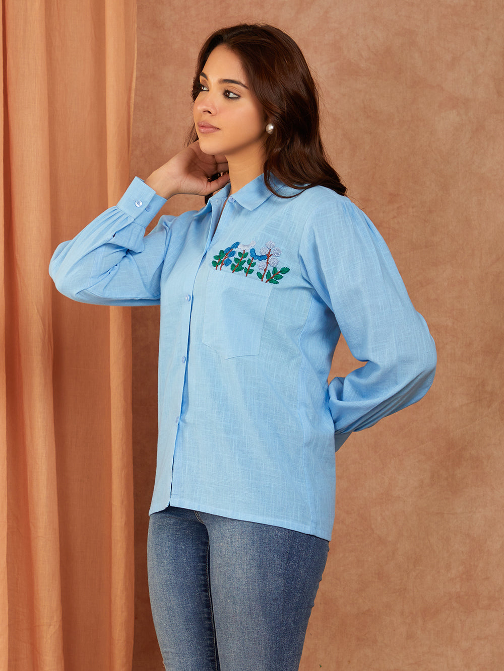 Blue Cotton Slub Hand Embroidery Top
