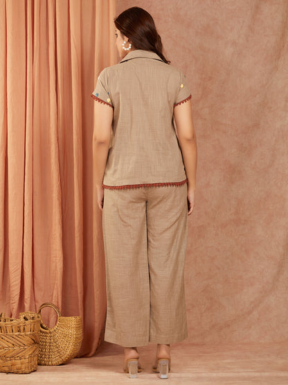 Beige Cotton Slub Hand Embroidery Co-ord Set