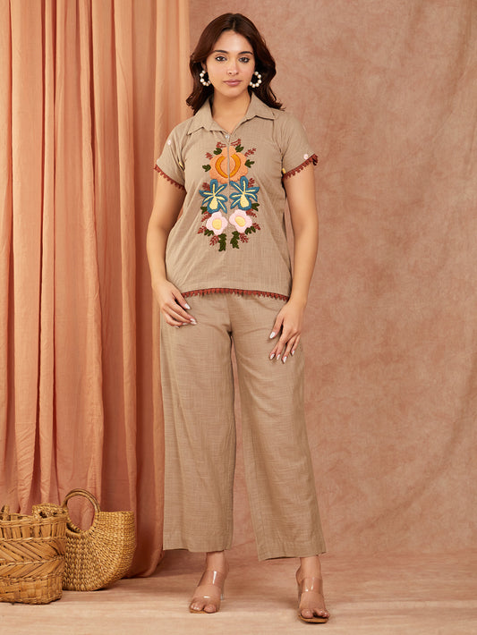 Beige Cotton Slub Hand Embroidery Co-ord Set