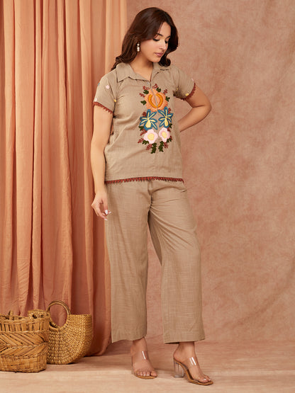 Beige Cotton Slub Hand Embroidery Co-ord Set