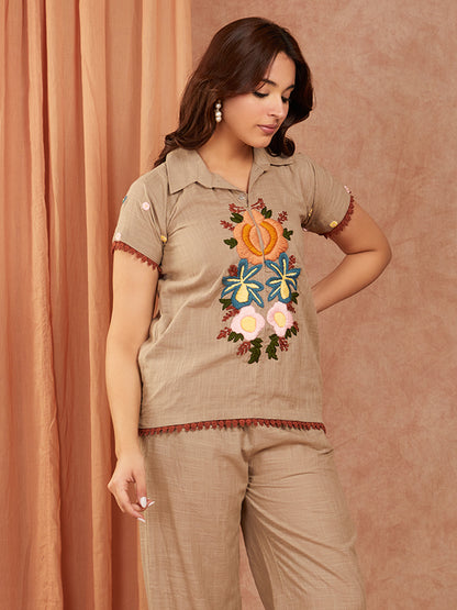 Beige Cotton Slub Hand Embroidery Co-ord Set
