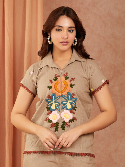 Beige Cotton Slub Hand Embroidery Co-ord Set