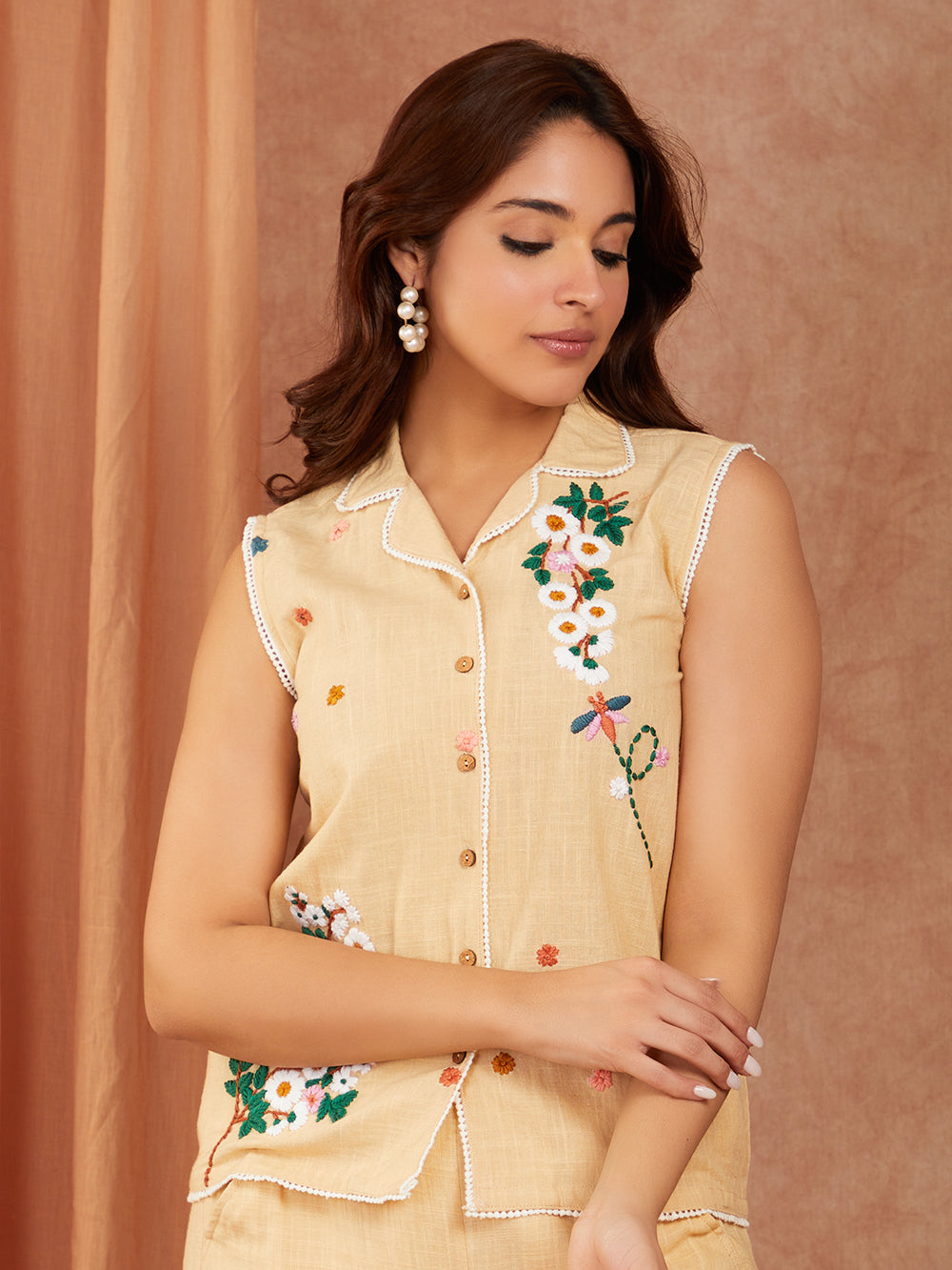 Cream Cotton Slub Hand Embroidery Co-ord Set