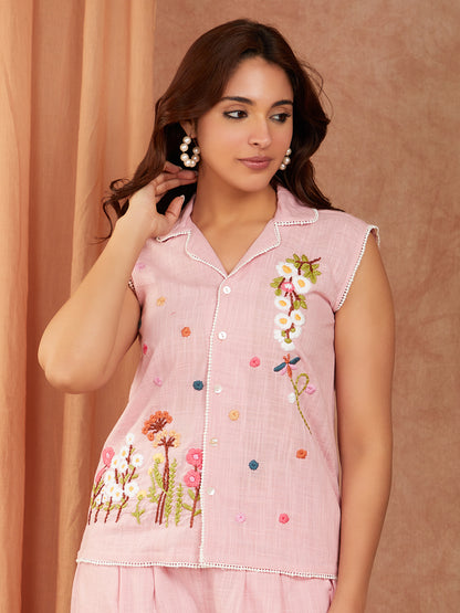 Pink Cotton Slub Hand Embroidery Co-ord Set