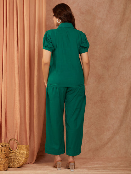 Bottle Green Cotton Slub Hand Embroidery Co-ord Set