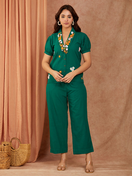 Bottle Green Cotton Slub Hand Embroidery Co-ord Set